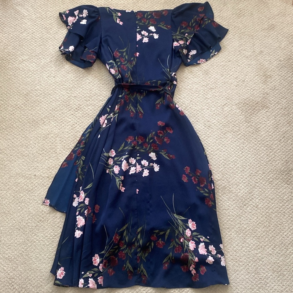 DKNY Midi Floral Dress Size 4 Flutter Sleeve Tie Waist Navy Easter Garden Party - Picture 9 of 15
